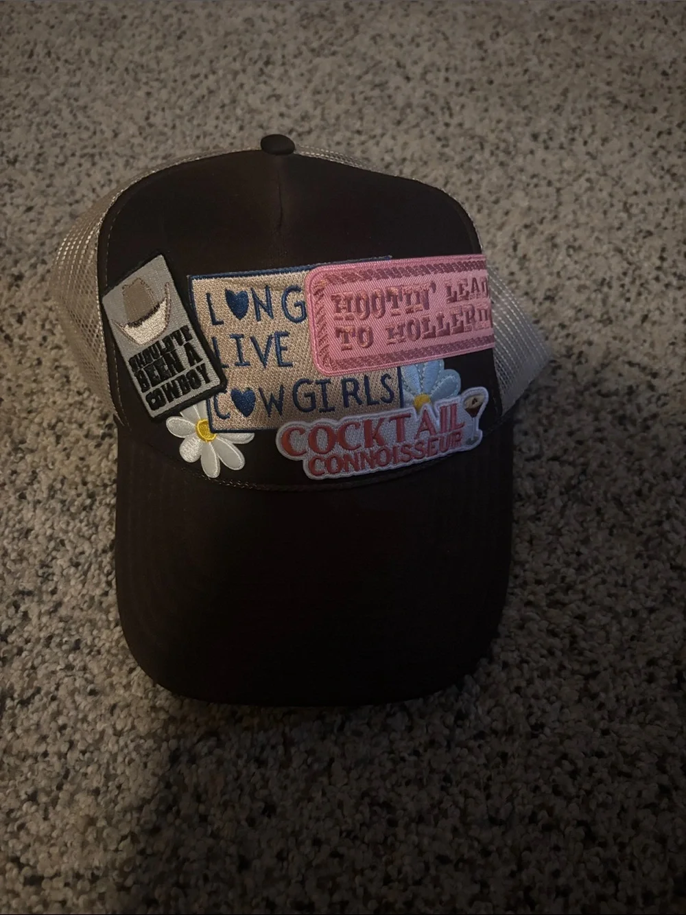 Brown Trucker Patch Hat with Floral & Patch Details